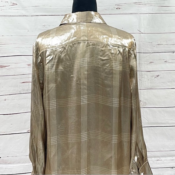 Ralph Lauren Purple Label Shirt Womens Size 10 Taupe Sequin Plaid Silk Blend - Picture 5 of 14